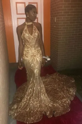 Sparkly gold sequin halter V neck mermaid African American prom dress