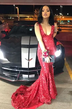 Sparkly crimson red sequin mermaid floor length V neck african american prom dress