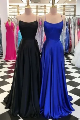 Simply black royal blue plain satin A line backless wedding guest dresses