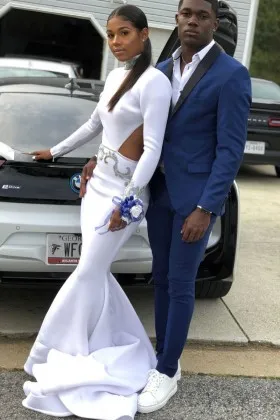 Uniquely appliqued white long sleeve open back mermaid floor length prom dress