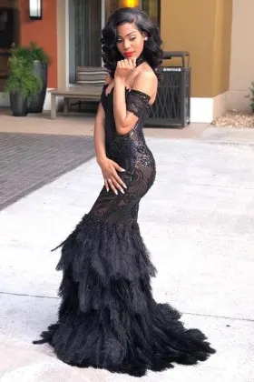 Sparkly black abstract pattern sequin and feather off the shoulder mermaid formal prom dress