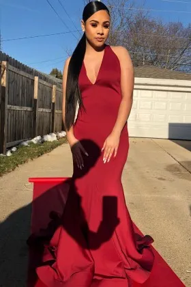 Dark red satin simple V neck halter mermaid long prom dress