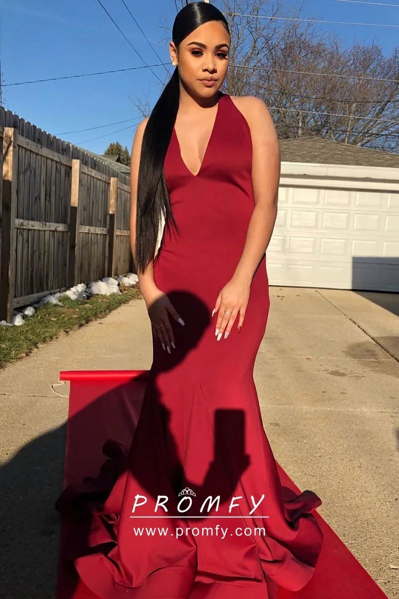 Dark Red Satin Simple V-neck Halter Long Prom Dress - Promfy