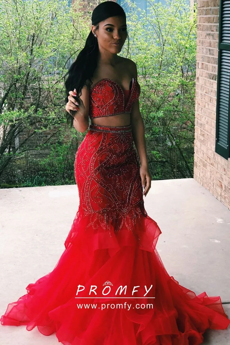 Beaded Red Tulle Twopiece Mermaid Trumpet Long Formal Prom Dress