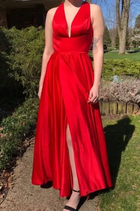 Simple red satin ankle length A line long prom dress with side high slit