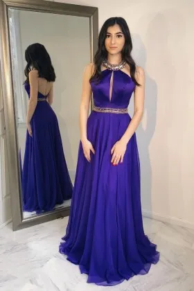 Beautiful beaded halter neckline purple chiffon and satin long formal dress