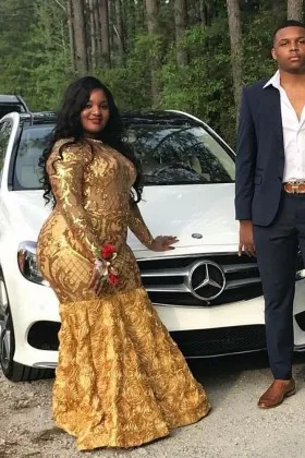 Sparkly gold sequin and 3D rose long sleeve plus size mermaid prom dress