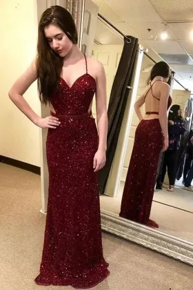 Sparkly sexy backless burgundy sequin long prom dress with spaghetti straps