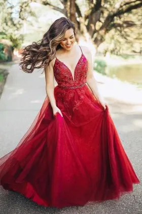 Classic scarlet red lace and tulle A line long formal gown