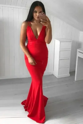 Simple red plunging V neck double straps mermaid long prom dress