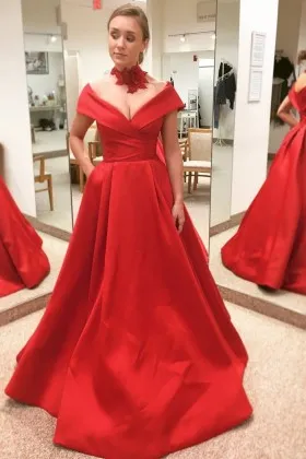 Beautiful red satin off the shoulder V neck puffy A line formal gown
