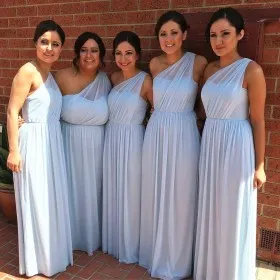 Illusion one shoulder light blue chiffon A line long bridesmaid dresses