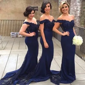 Elegant navy blue scalloped off the shoulder mermaid long bridesmaid dresses