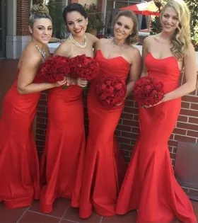 Strapless curved neckline red satin mermaid long bridesmaid dresses