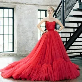Gorgeous red satin and tulle floor length ball gown formal dress