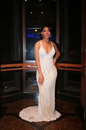 Boho style white lace overlay floor length champagne mermaid bridal shower dress