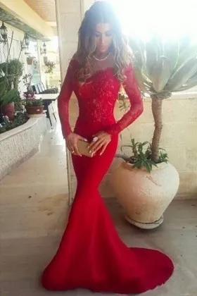 Elegant long sleeve off the shoulder red lace mermaid long formal dress