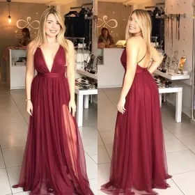 Burgundy sheer tulle plunging V neck backless double slit sexy prom dress