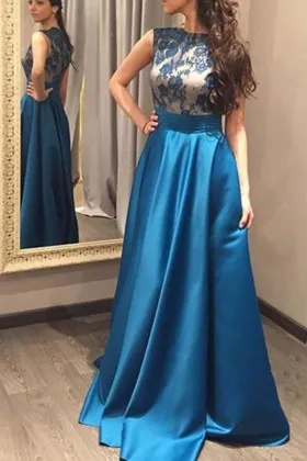 Vintage inspired ocean blue lace and satin A line long formal dress