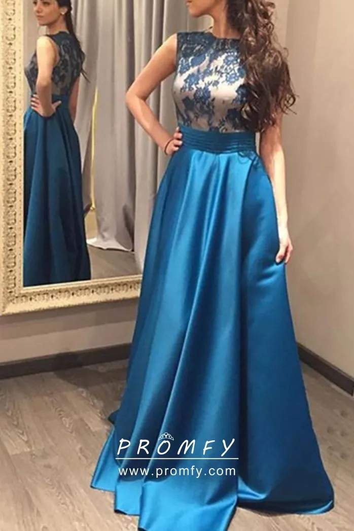 Vintage inspired ocean blue lace and satin A line long formal dress