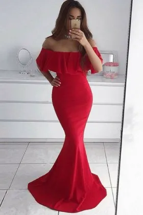 Beautiful red chiffon off the shoulder mermaid formal dress for curvy figures