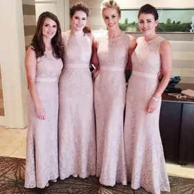 Vintage nude pink lace jewel neckline fit and flare long bridesmaid dresses