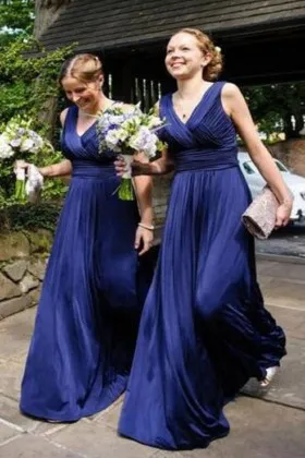 Vintage style midnight blue sleeveless V neck A line long bridesmaid dresses