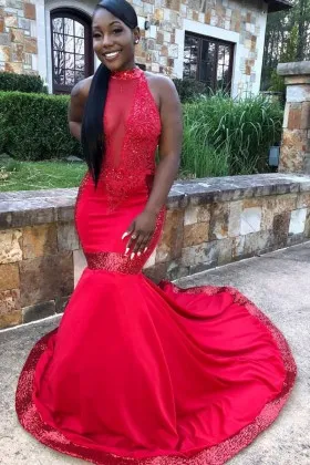 Lipstick red lace and satin sequin mermaid unique African American prom dress