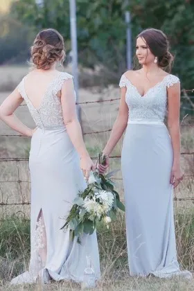 Modest baby blue lace and jersey sheath floor length bridesmaid dress