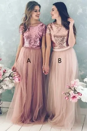 Beautiful rose goldchampagne gold sequin and tulle bridesmaid dresses