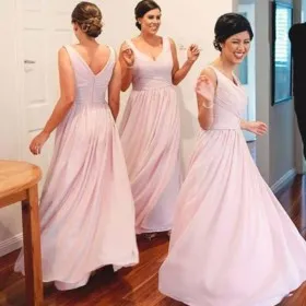 Minimalist pink chiffon V neckline A line long bridesmaid dresses