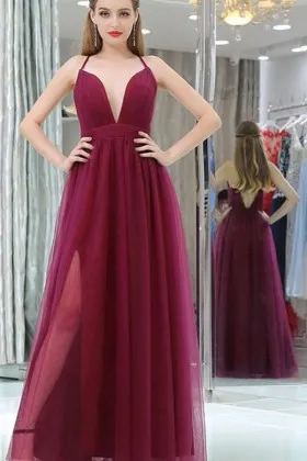 Sexy azalea red color tulle plunging V neck high slit A line long prom dress