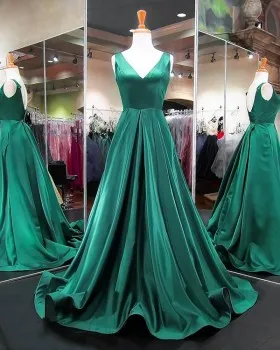 Simple jade satin sleeveless V neckline puffy A line floor length prom dress