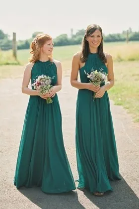 Pleated green chiffon trendy crew neckline A line long bridesmaid dresses