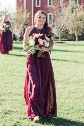 maroon chiffon pleated crew neck a line bridesmaid dress