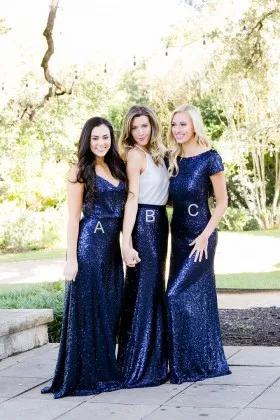 Sparkly navy blue sequin fit and flare floor length long bridesmaid dresses