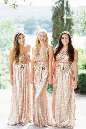 Simply Champagne Sequin Floor Length A line Long Bridesmaid Dresses