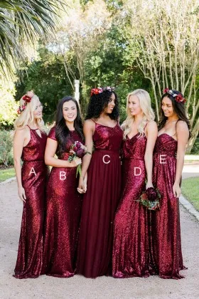 Beautiful unique berry sequin long designer bridesmaid dresses