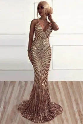 Sparky gold sequin plunging V neckline long evening prom dress