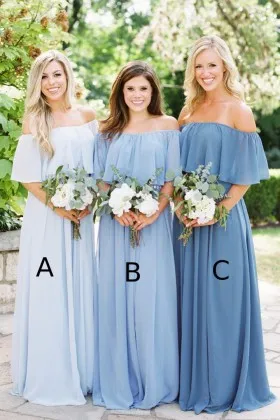 Charming blue chiffon flounced off the shoulder long A line bridesmaid dresses