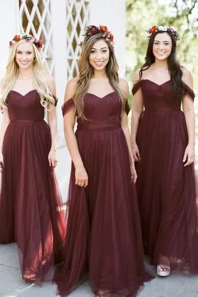 Charming burgundy tulle off the shoulder sweetheart long bridesmaid dresses