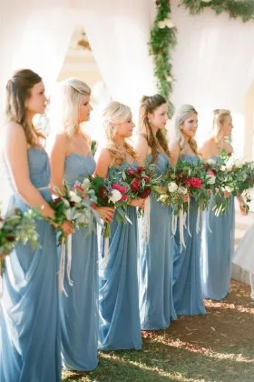 Carolina blue chiffon strapless sweetheart draped long sheath bridesmaid dresses
