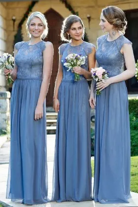 blue lace and chiffon illusion neckline cap sleeve sheath long bridesmaid dresses
