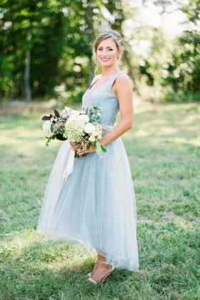 Cute water blue satin and tulle high low A line bridesmaid dresses