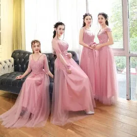 Cute candy pink lace applique and tulle A line long bridesmaid dresses