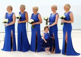 cobalt blue lace applique and chiffon fit and flare slit bridesmaid dresses