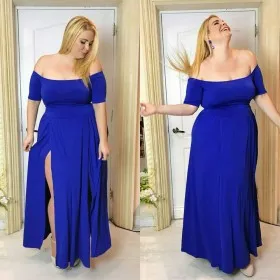 off the shoulder short sleeve ankle length cobalt blue split long prom dress