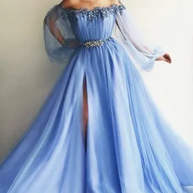 Blue sheer long sleeve off the shoulder pearls embellished high slit dress