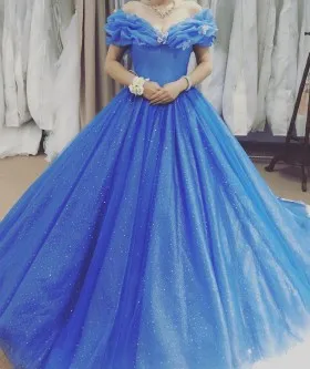 Sparkling blue organza off the shoulder Cinderella floor length ball gown