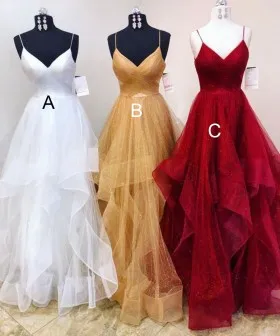 Shine whitegoldscarlet flounced tulle designer ball gowns with spaghetti straps
